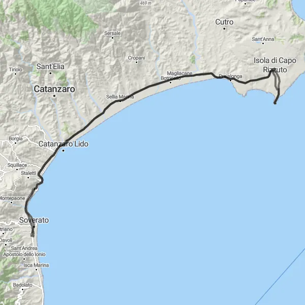 Miniatura della mappa di ispirazione al ciclismo "Avventura ciclistica tra Soverato e il Parco Archeologico di Scolacium" nella regione di Calabria, Italy. Generata da Tarmacs.app, pianificatore di rotte ciclistiche