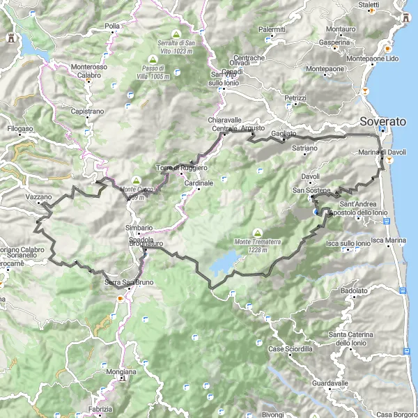 Map miniature of "Mountainous Adventure to Vallelonga" cycling inspiration in Calabria, Italy. Generated by Tarmacs.app cycling route planner