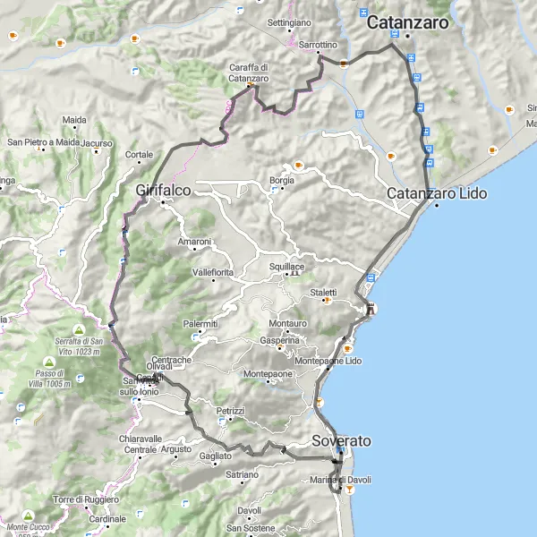 Miniatura della mappa di ispirazione al ciclismo "Tour Panoramico sui Monti Calabresi" nella regione di Calabria, Italy. Generata da Tarmacs.app, pianificatore di rotte ciclistiche