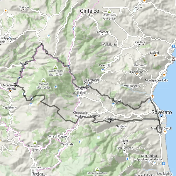 Miniatura della mappa di ispirazione al ciclismo "Giro in bici intorno a Marina di Davoli e Monte Coppari" nella regione di Calabria, Italy. Generata da Tarmacs.app, pianificatore di rotte ciclistiche