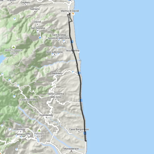 Miniatura della mappa di ispirazione al ciclismo "Escursione ciclistica tra Contrada Taverna e Isca Marina" nella regione di Calabria, Italy. Generata da Tarmacs.app, pianificatore di rotte ciclistiche