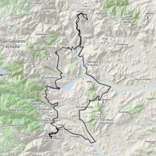 Map miniature of "Road Cycling Adventure to Serra del Trono and Santa Severina" cycling inspiration in Calabria, Italy. Generated by Tarmacs.app cycling route planner