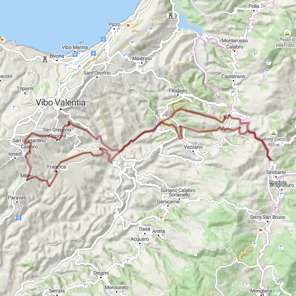 Map miniature of "Vallelonga Gravel Adventure" cycling inspiration in Calabria, Italy. Generated by Tarmacs.app cycling route planner