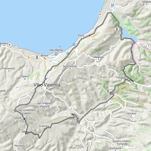 Map miniature of "Pizzo to Rocca Angitola Loop" cycling inspiration in Calabria, Italy. Generated by Tarmacs.app cycling route planner