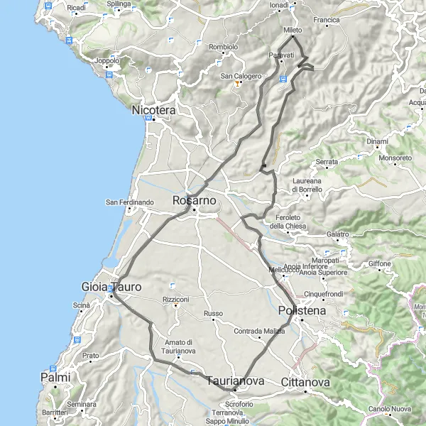 Miniatura della mappa di ispirazione al ciclismo "Itinerario tra Mileto e Rosarno" nella regione di Calabria, Italy. Generata da Tarmacs.app, pianificatore di rotte ciclistiche