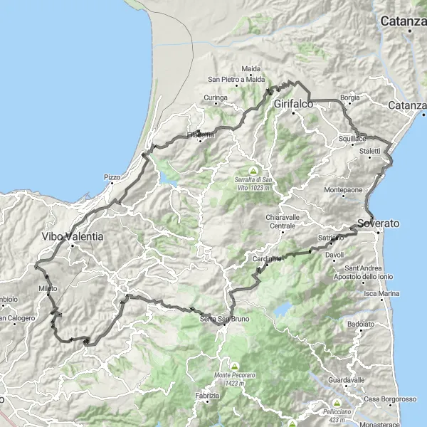Map miniature of "Vibo Valentia to Soriano Calabro Loop" cycling inspiration in Calabria, Italy. Generated by Tarmacs.app cycling route planner