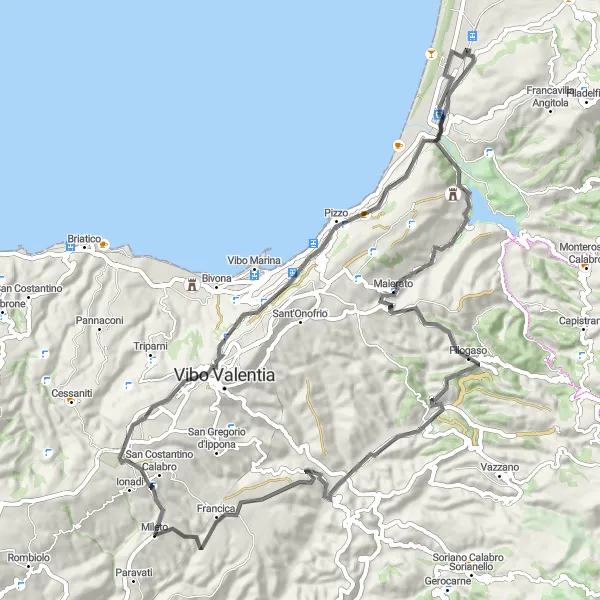 Miniatura della mappa di ispirazione al ciclismo "Giro cicloturistico da Pizzo a Filogaso" nella regione di Calabria, Italy. Generata da Tarmacs.app, pianificatore di rotte ciclistiche