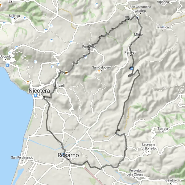 Miniatura della mappa di ispirazione al ciclismo "Giro in bicicletta da Mileto attraverso Rosarno a Filandari" nella regione di Calabria, Italy. Generata da Tarmacs.app, pianificatore di rotte ciclistiche