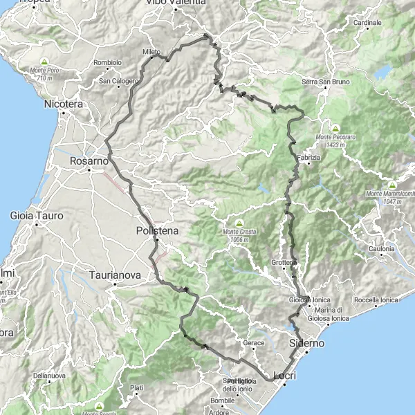 Map miniature of "Mileto to Paravati Loop" cycling inspiration in Calabria, Italy. Generated by Tarmacs.app cycling route planner