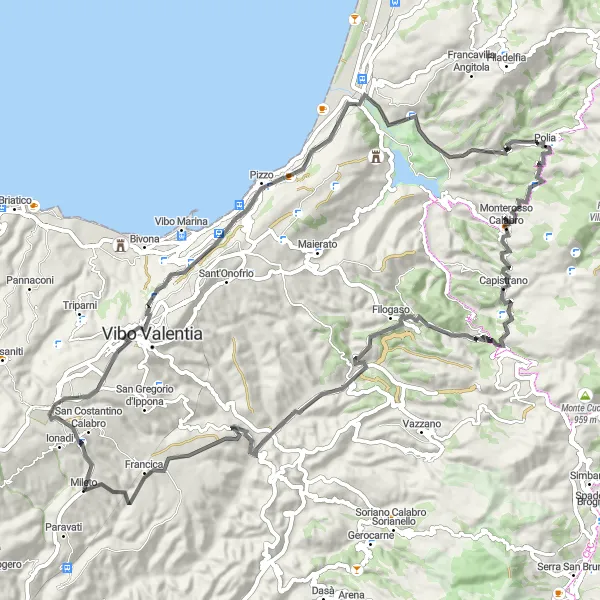 Map miniature of "Mileto to Filogaso Loop" cycling inspiration in Calabria, Italy. Generated by Tarmacs.app cycling route planner