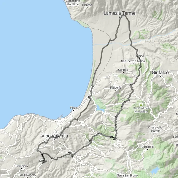 Miniatura della mappa di ispirazione al ciclismo "Giro in bicicletta da Mileto attraverso Filogaso a Sant'Onofrio" nella regione di Calabria, Italy. Generata da Tarmacs.app, pianificatore di rotte ciclistiche