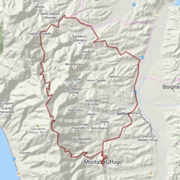 Miniatura della mappa di ispirazione al ciclismo "Gravel verso San Benedetto Ullano" nella regione di Calabria, Italy. Generata da Tarmacs.app, pianificatore di rotte ciclistiche