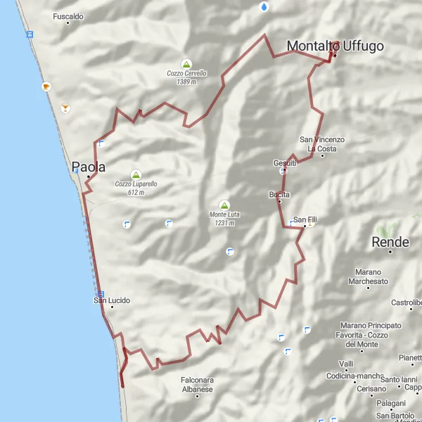 Miniatura della mappa di ispirazione al ciclismo "Tour in gravel da Montalto Uffugo a San Lucido" nella regione di Calabria, Italy. Generata da Tarmacs.app, pianificatore di rotte ciclistiche