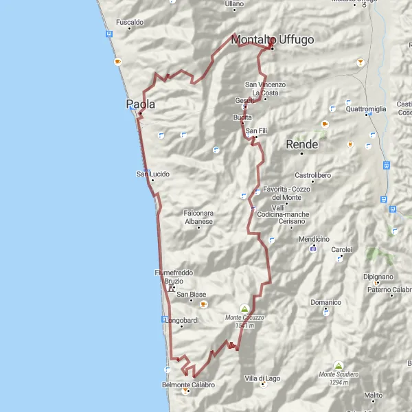 Miniatura della mappa di ispirazione al ciclismo "Gravel di San Vincenzo" nella regione di Calabria, Italy. Generata da Tarmacs.app, pianificatore di rotte ciclistiche