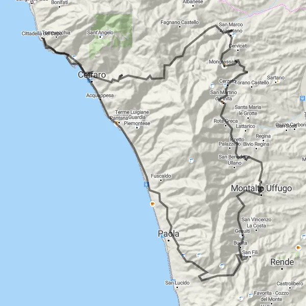 Miniatura della mappa di ispirazione al ciclismo "Giro in bicicletta da Montalto Uffugo a San Benedetto Ullano" nella regione di Calabria, Italy. Generata da Tarmacs.app, pianificatore di rotte ciclistiche