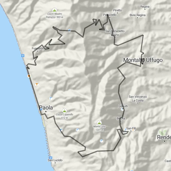 Miniatura della mappa di ispirazione al ciclismo "Cicloescursione tra Montalto Uffugo e Palazzello" nella regione di Calabria, Italy. Generata da Tarmacs.app, pianificatore di rotte ciclistiche