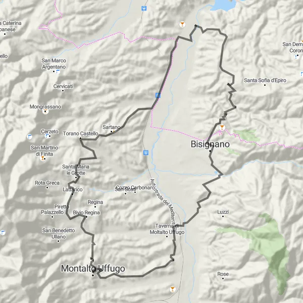 Miniatura della mappa di ispirazione al ciclismo "Alla scoperta di Lattarico e Torano Castello" nella regione di Calabria, Italy. Generata da Tarmacs.app, pianificatore di rotte ciclistiche