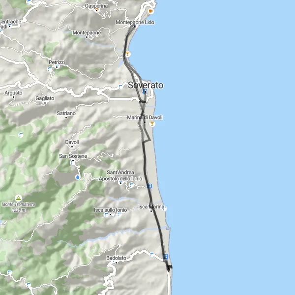 Miniatura della mappa di ispirazione al ciclismo "Breve circuito in bicicletta nei dintorni di Montepaone Lido" nella regione di Calabria, Italy. Generata da Tarmacs.app, pianificatore di rotte ciclistiche