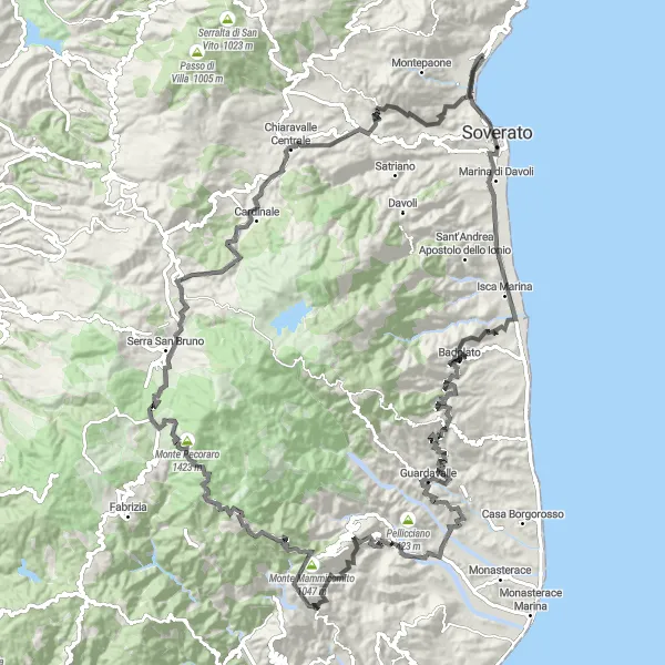 Map miniature of "Mountains and Villages" cycling inspiration in Calabria, Italy. Generated by Tarmacs.app cycling route planner