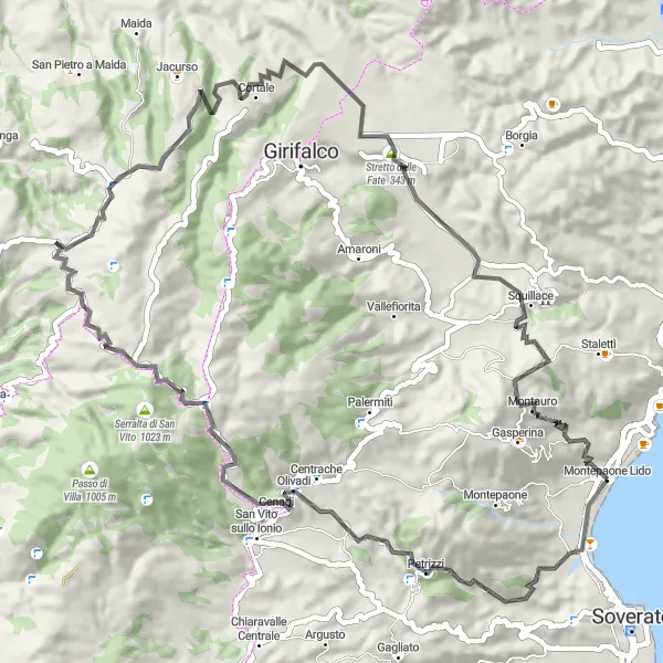 Map miniature of "Petrizzi and Monte Contessa Loop" cycling inspiration in Calabria, Italy. Generated by Tarmacs.app cycling route planner