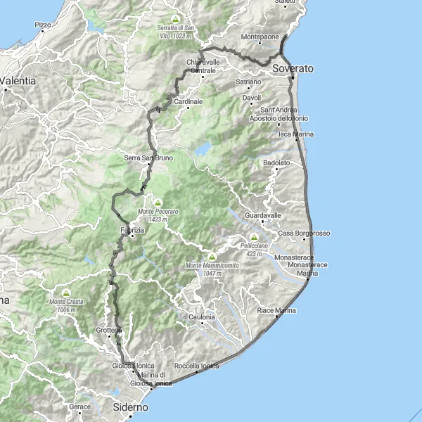 Map miniature of "Coastal Cycling Adventure" cycling inspiration in Calabria, Italy. Generated by Tarmacs.app cycling route planner