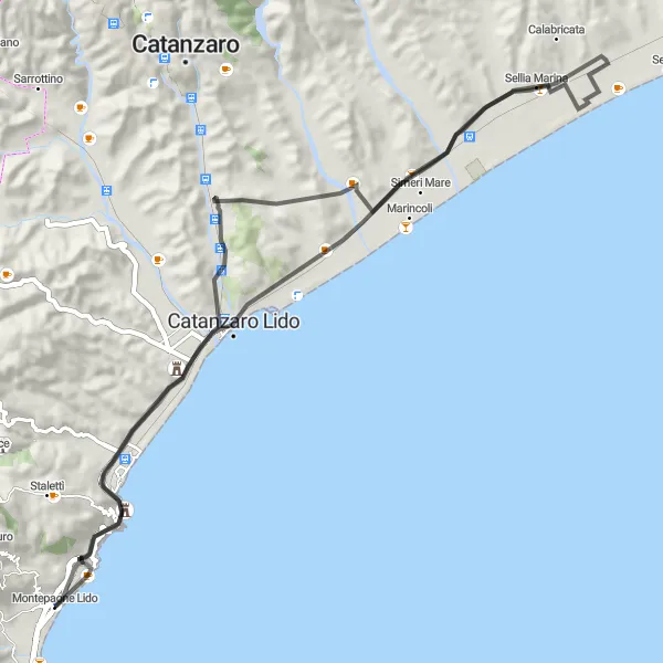 Miniatura della mappa di ispirazione al ciclismo "Passeggiata in bicicletta costiera nei pressi di Montepaone Lido" nella regione di Calabria, Italy. Generata da Tarmacs.app, pianificatore di rotte ciclistiche