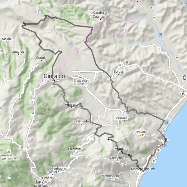 Map miniature of "Caminia Coastal Loop" cycling inspiration in Calabria, Italy. Generated by Tarmacs.app cycling route planner