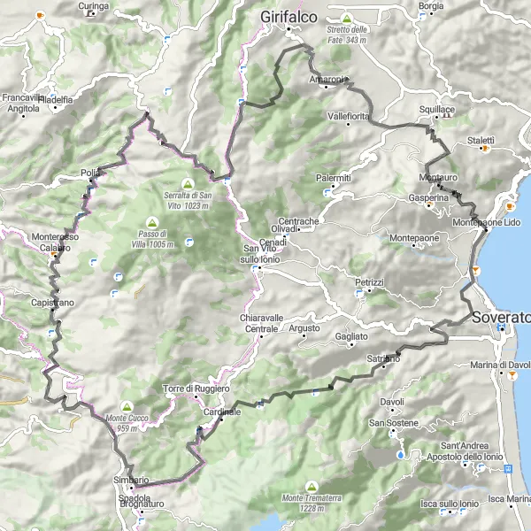 Miniatura della mappa di ispirazione al ciclismo "Tour in bicicletta da Montepaone Lido a Serralta di San Vito" nella regione di Calabria, Italy. Generata da Tarmacs.app, pianificatore di rotte ciclistiche