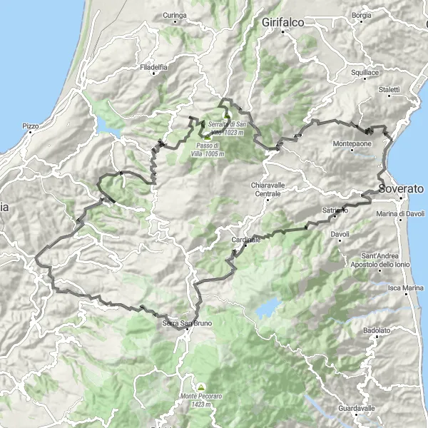 Map miniature of "Mountain Challenge" cycling inspiration in Calabria, Italy. Generated by Tarmacs.app cycling route planner