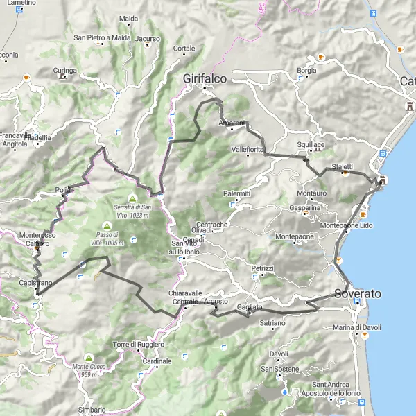 Miniatura della mappa di ispirazione al ciclismo "Circuito in bici Monterosso Calabro - Monte Coppari" nella regione di Calabria, Italy. Generata da Tarmacs.app, pianificatore di rotte ciclistiche