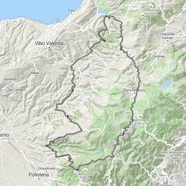 Miniatura della mappa di ispirazione al ciclismo "Giro in bicicletta da Monterosso Calabro" nella regione di Calabria, Italy. Generata da Tarmacs.app, pianificatore di rotte ciclistiche