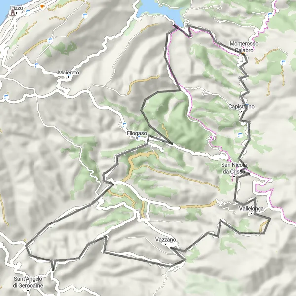 Miniatura della mappa di ispirazione al ciclismo "Tour ciclistico da Monterosso Calabro - Tre Croci" nella regione di Calabria, Italy. Generata da Tarmacs.app, pianificatore di rotte ciclistiche