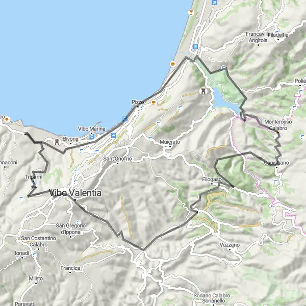 Map miniature of "Calabro Loop" cycling inspiration in Calabria, Italy. Generated by Tarmacs.app cycling route planner