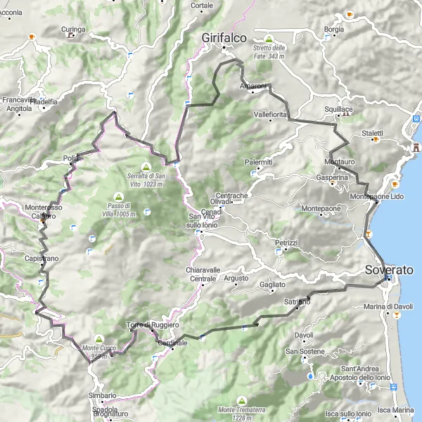 Miniatura della mappa di ispirazione al ciclismo "Giro in bici da Monterosso Calabro - Monte Andrea" nella regione di Calabria, Italy. Generata da Tarmacs.app, pianificatore di rotte ciclistiche