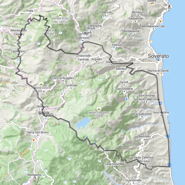 Map miniature of "Coastal Challenge" cycling inspiration in Calabria, Italy. Generated by Tarmacs.app cycling route planner