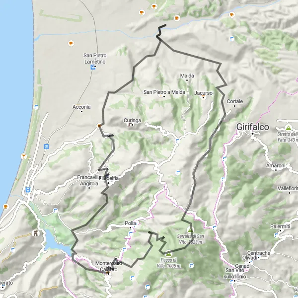 Miniatura della mappa di ispirazione al ciclismo "Giro dei Borghi Calabresi" nella regione di Calabria, Italy. Generata da Tarmacs.app, pianificatore di rotte ciclistiche