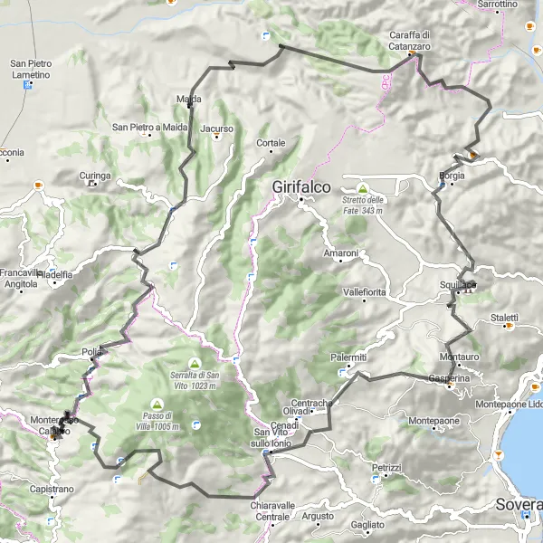 Map miniature of "The Epic Mountain Challenge" cycling inspiration in Calabria, Italy. Generated by Tarmacs.app cycling route planner