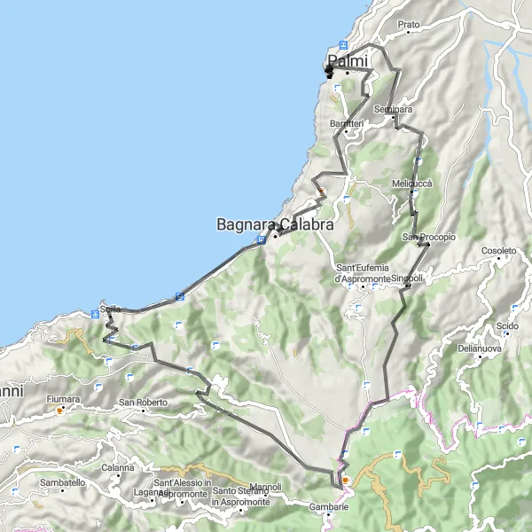 Map miniature of "The Challenge of Monte Sant'Elia" cycling inspiration in Calabria, Italy. Generated by Tarmacs.app cycling route planner