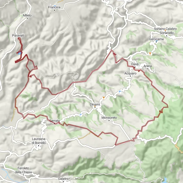 Miniatura della mappa di ispirazione al ciclismo "Giro in bicicletta attraverso Dasà e Serrata" nella regione di Calabria, Italy. Generata da Tarmacs.app, pianificatore di rotte ciclistiche