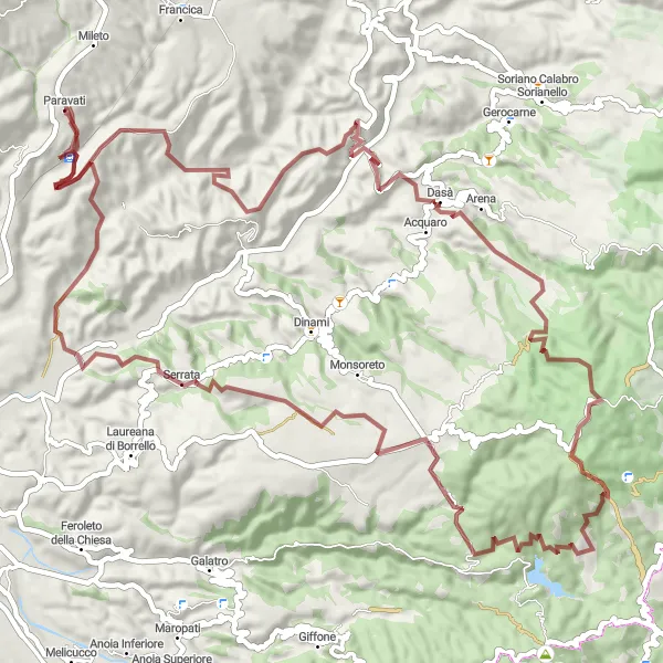 Map miniature of "The Gravel Mountain Challenge" cycling inspiration in Calabria, Italy. Generated by Tarmacs.app cycling route planner
