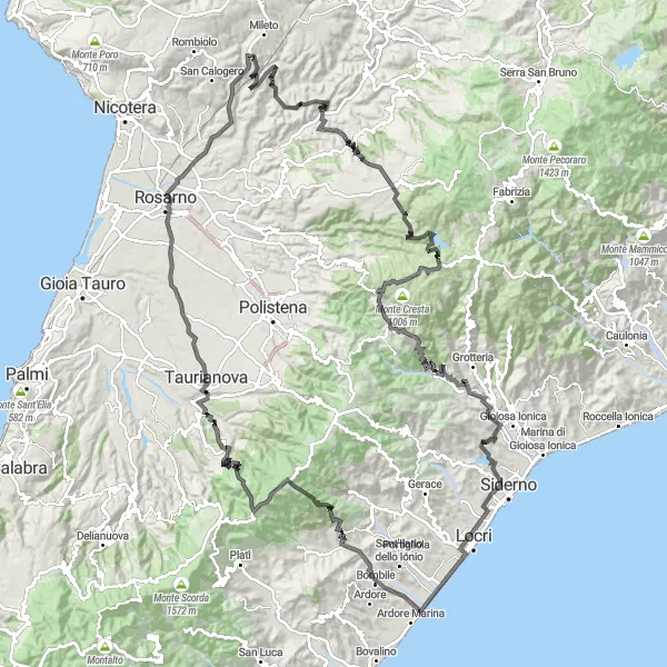 Miniatura della mappa di ispirazione al ciclismo "Avventura ciclistica tra Montagne e Mare" nella regione di Calabria, Italy. Generata da Tarmacs.app, pianificatore di rotte ciclistiche