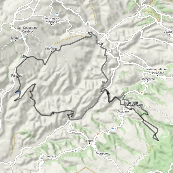 Miniatura della mappa di ispirazione al ciclismo "Percorso ciclistico tra Mileto e Acquaro" nella regione di Calabria, Italy. Generata da Tarmacs.app, pianificatore di rotte ciclistiche