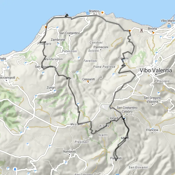Map miniature of "The Road to Serenity" cycling inspiration in Calabria, Italy. Generated by Tarmacs.app cycling route planner