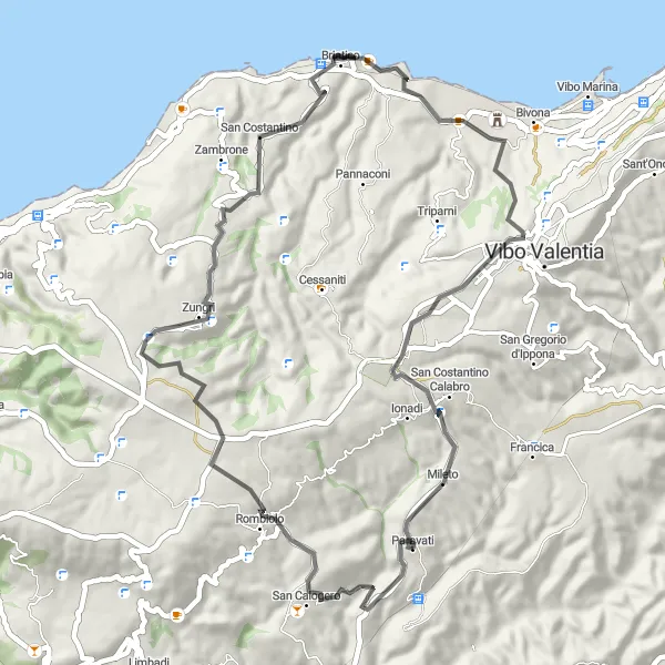 Miniatura della mappa di ispirazione al ciclismo "Tour panoramico in bicicletta verso Briatico" nella regione di Calabria, Italy. Generata da Tarmacs.app, pianificatore di rotte ciclistiche