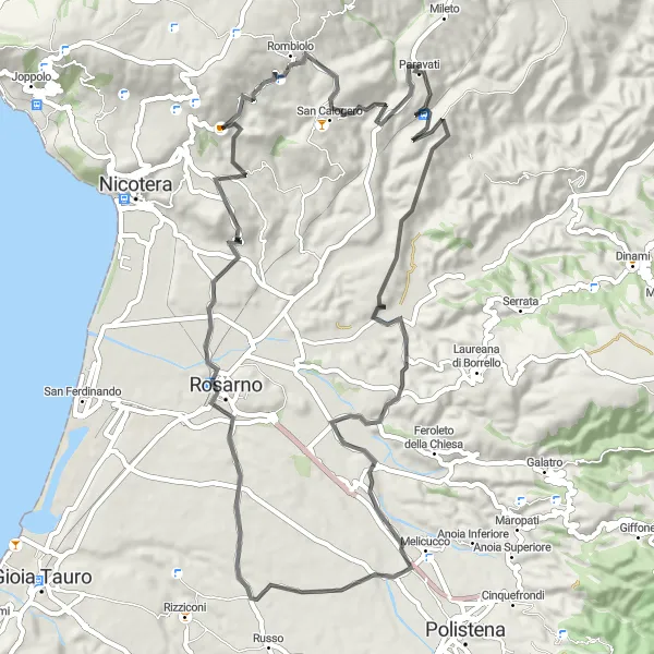 Miniatura della mappa di ispirazione al ciclismo "Passeggiata in bicicletta verso Rosarno" nella regione di Calabria, Italy. Generata da Tarmacs.app, pianificatore di rotte ciclistiche