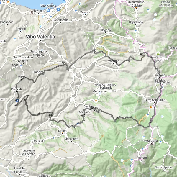 Miniatura della mappa di ispirazione al ciclismo "Giro in bicicletta da Paravati" nella regione di Calabria, Italy. Generata da Tarmacs.app, pianificatore di rotte ciclistiche