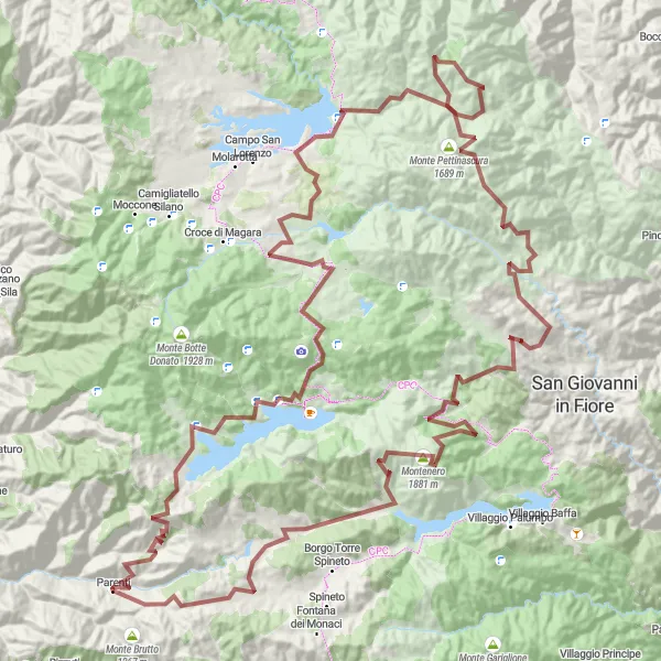 Miniatura della mappa di ispirazione al ciclismo "Avventura nelle Sila" nella regione di Calabria, Italy. Generata da Tarmacs.app, pianificatore di rotte ciclistiche