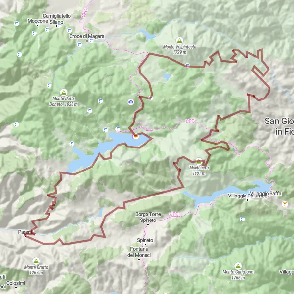 Map miniature of "Tranquil Gravel Circuit around Lago Arvo" cycling inspiration in Calabria, Italy. Generated by Tarmacs.app cycling route planner