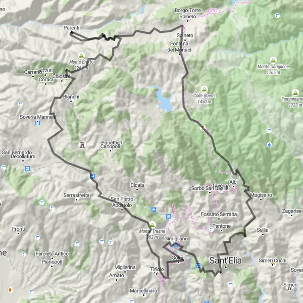 Map miniature of "Cycling through Calabria's Breathtaking Mountain Passes" cycling inspiration in Calabria, Italy. Generated by Tarmacs.app cycling route planner