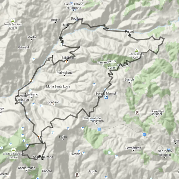 Map miniature of "Challenging Road Ride through Calabria's Scenic Valleys" cycling inspiration in Calabria, Italy. Generated by Tarmacs.app cycling route planner